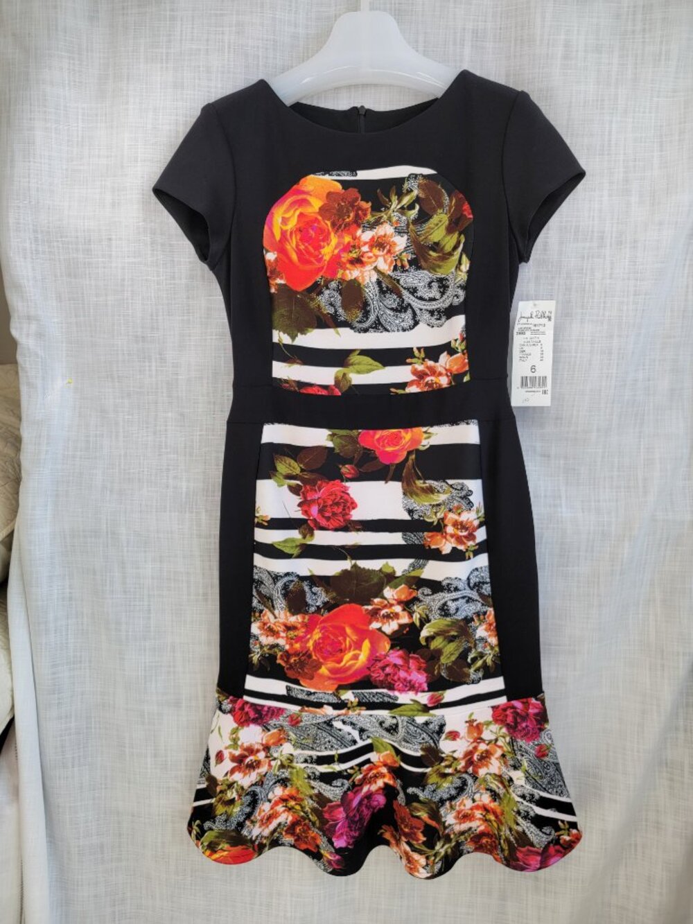 Joseph Ribkoff NWT 6 Black Floral Stripe Paisley Sheath Dress Flounce Hem Party - Picture 2 of 13
